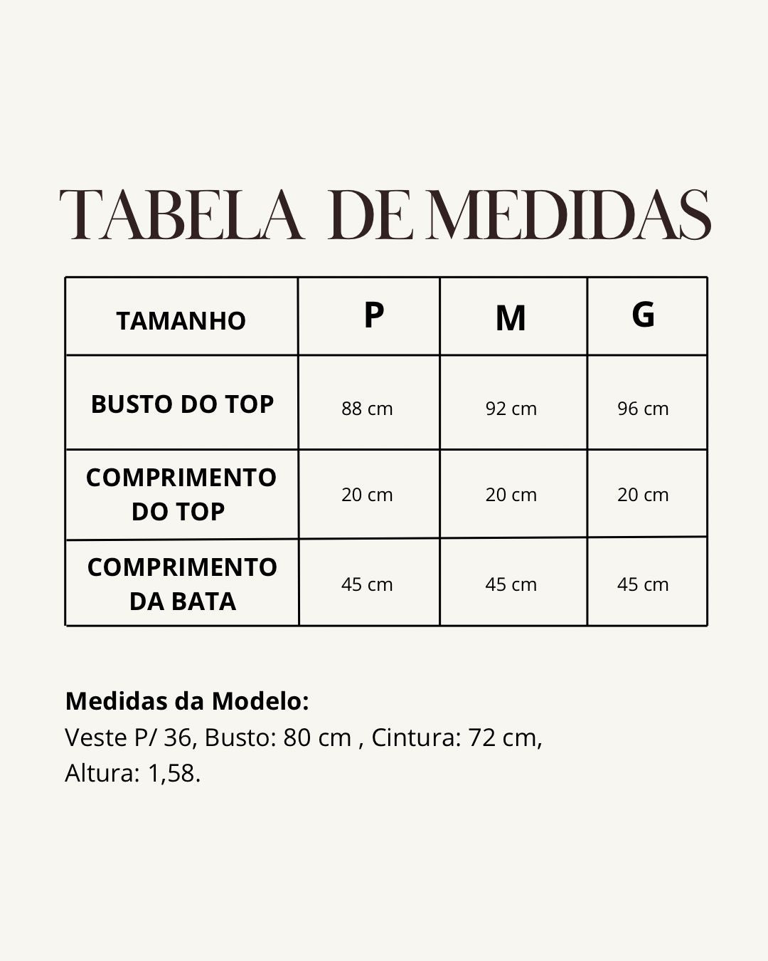 Tabela de medidas do produto
