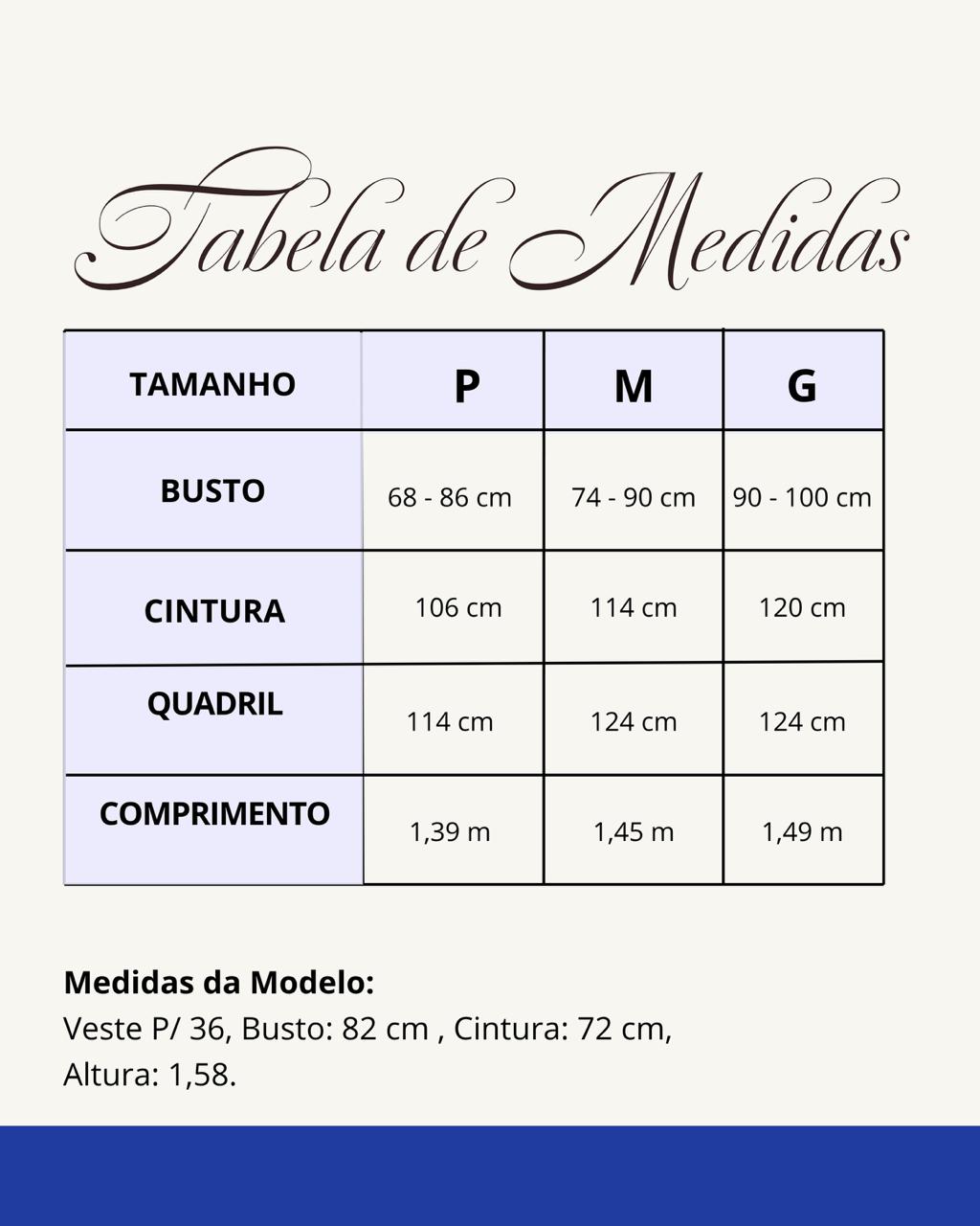 Tabela de medidas do produto
