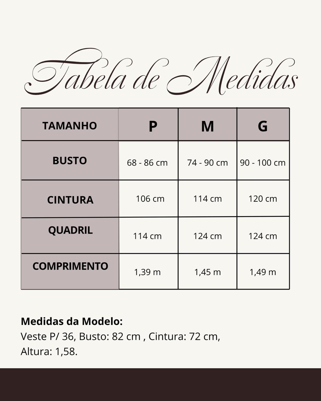 Tabela de medidas do produto