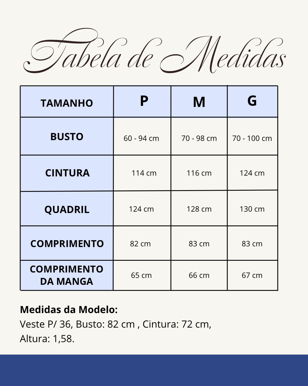 Tabela de medidas do produto