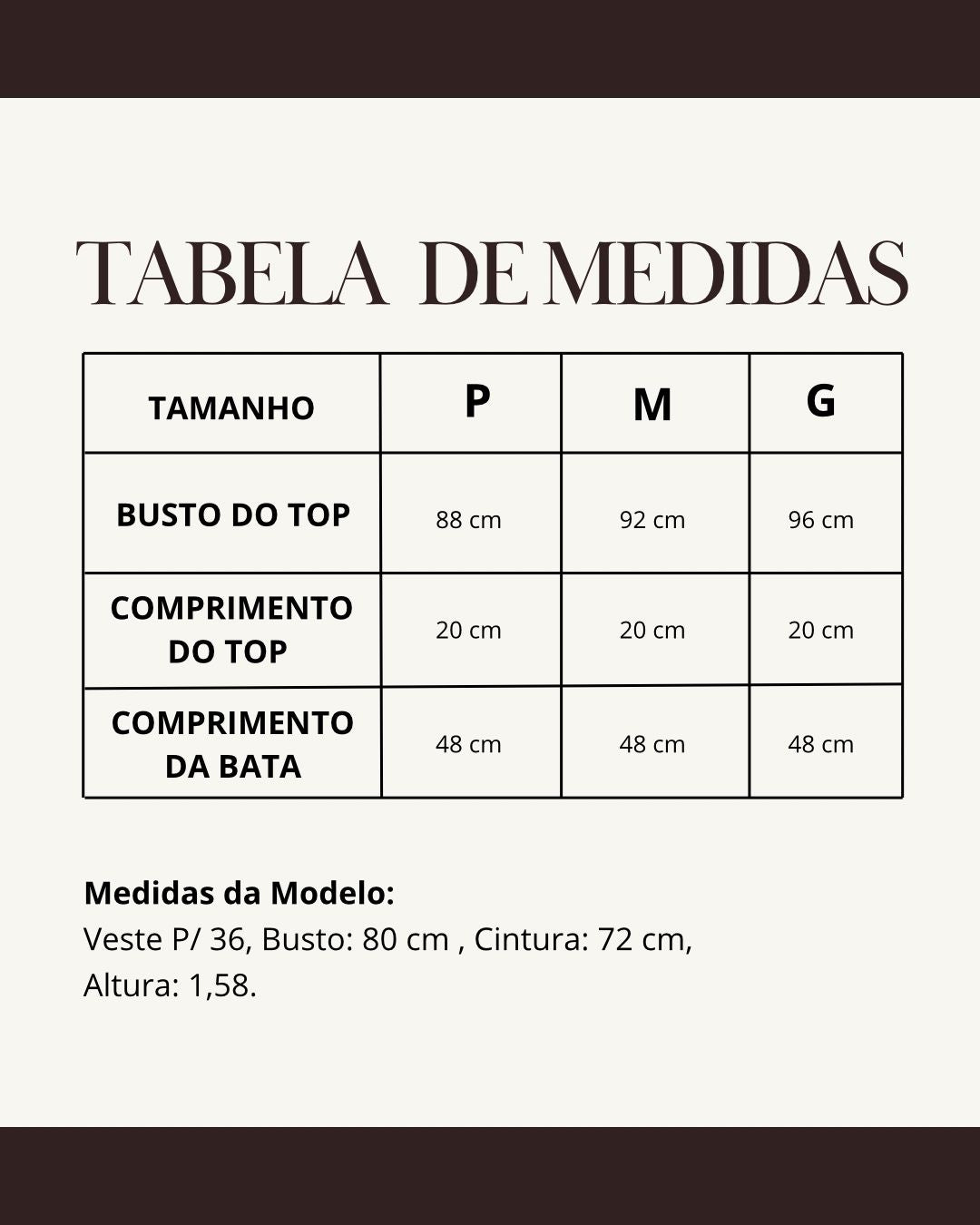 Tabela de medidas do produto